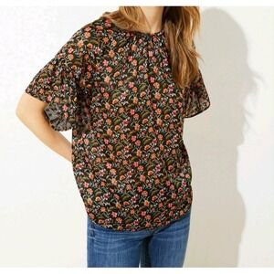 NWT LOFT Black Floral Print‎ Tie Back Blouse Flutter Sleeve Top XS